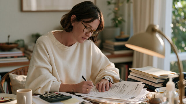 Payroll processor in a quiet rural home office reviewing printed timesheets as neighborhood children's traditional game revival sounds drift through an open window, the process of