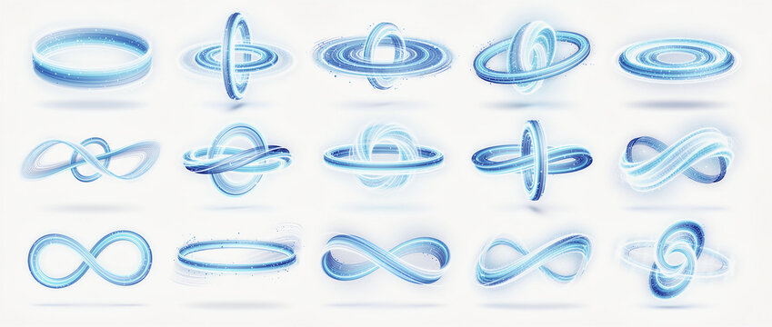 Collection of Abstract Glowing Blue Light Rings and Infinity Energy Symbols for Futuristic Digital Design Concepts