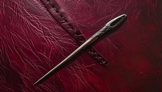 Small silver lizard resting on red leather texture.