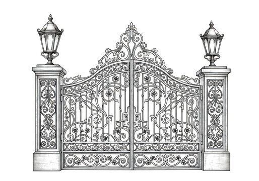 Ornate wrought iron gate with decorative scrollwork and classical lamp posts, vintage architectural element for exterior design.