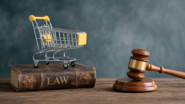 Shopping Cart Sitting on a Law Book Next to a Wooden Gavel Representing Consumer Protection Rights