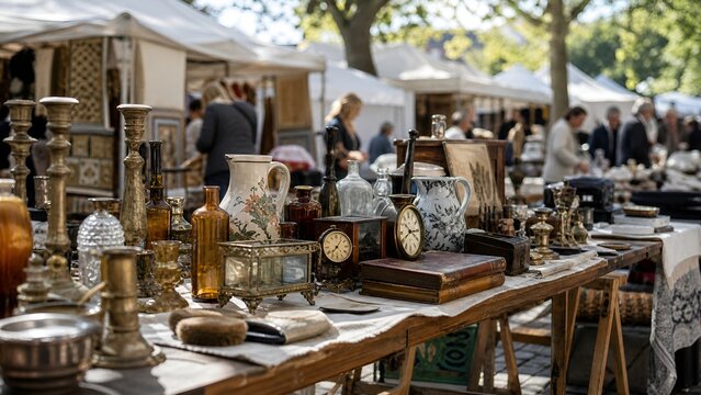 Vintage Collectibles Arranged on a Display Table at an Outdoor French Antiques Street Market