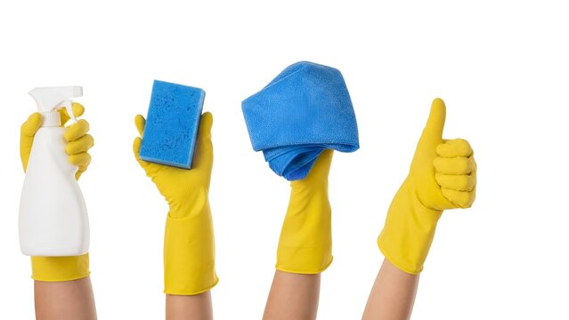 Hands Wearing Yellow Protective Gloves Holding Various Cleaning Supplies and Giving Thumbs Up