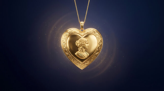 Golden heart-shaped locket necklace with a carved female silhouette cameo portrait on a dark glowing background