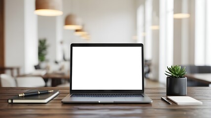Fototapeta premium Blank laptop screen mockup on a wooden desk in a blurred office interior with a succulent and notebook