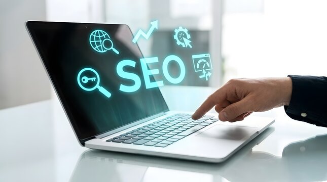 A business professional using a laptop to display a futuristic holographic image of search engine optimization marketing concepts