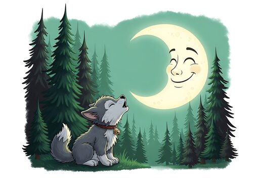 Cute Cartoon Wolf Pup Howling at a Smiling Crescent Moon in the Forest