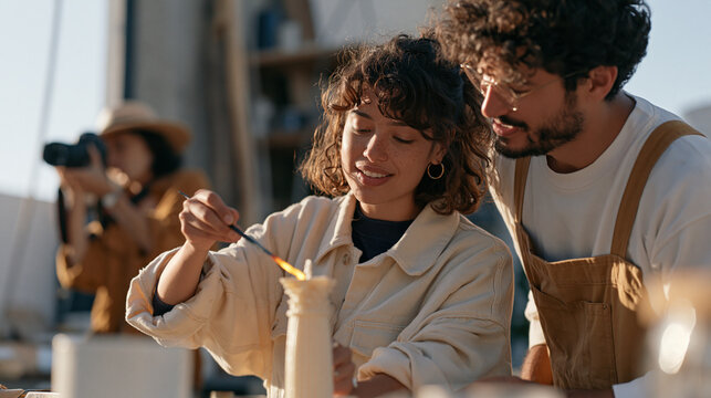 A chandler and her partner work in golden hour workshop light, the couple dynamic showing her pouring molten wax while he photographs a finished candle modeled after a UNESCO