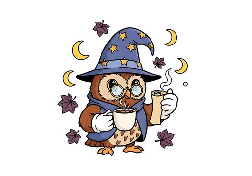 Whimsical Cartoon Owl Wizard with Coffee Mug and Magic Scroll
