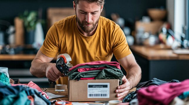 Man packing secondhand clothes in cardboard box for shipping