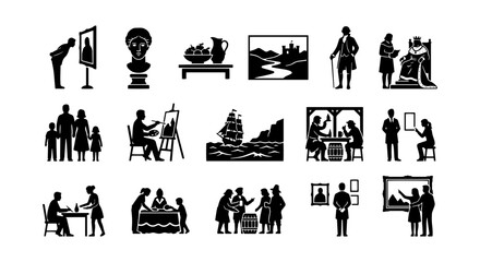 Obraz premium Art Gallery Icons, Museum Scenes, Silhouette Figures, Vintage Art Collection Vector Set