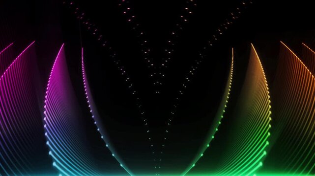 Colorful neon particle curves create elegant symmetrical waves on black background.