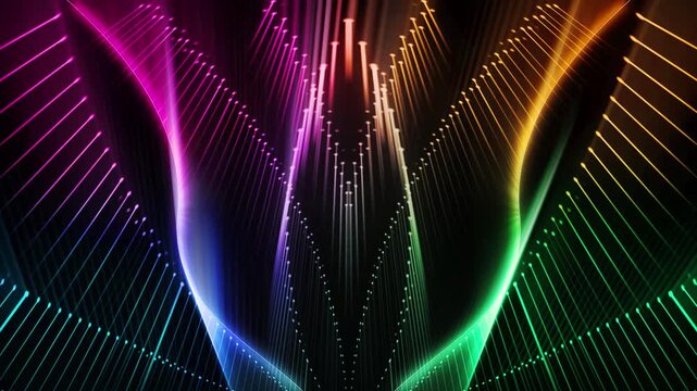 Vibrant rainbow ribbons and luminous particles flowing in an elegant abstract motion.
