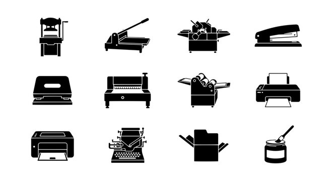 Office Equipment Icons: Printing, Binding, Cutting Machines, and Supplies Vector Set