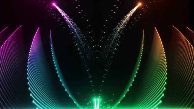 Rainbow particle fountain rises through symmetrical neon waves on a dark background.