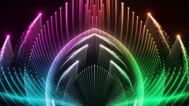 Luxury rainbow light arches glow with colorful particles and futuristic symmetry.