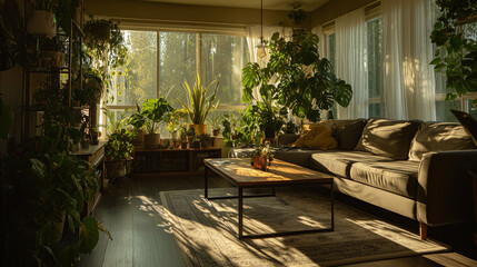 Fototapeta premium Modern Rustic Living Room Filled with Tropical Houseplants