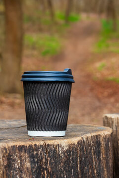 A disposable paper cup with a plastic lid sits on a tree stump outside