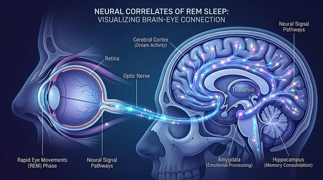 Medical illustration of neural correlates during REM sleep cycle