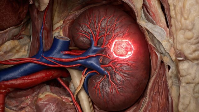 Transparent human kidney medical illustration showing renal cancer and kidney tumor pathological features for clinical science display