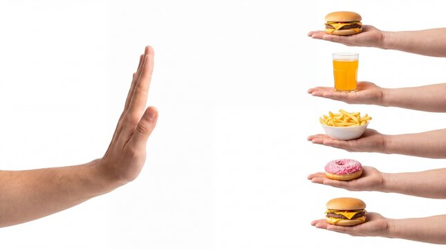 Hand refusing unhealthy junk food. Person rejecting fast food and sugary snacks.
