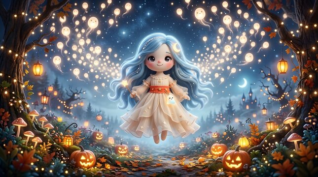 Cute cartoon halloween character in a spooky glowing night setting in a candid moment
