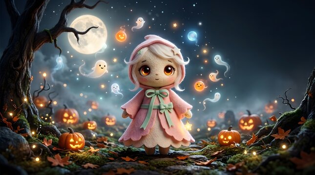 Cute cartoon halloween character in a spooky glowing night setting with beautiful composition