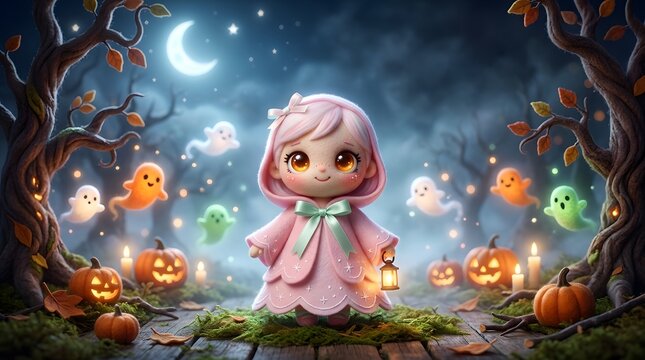 Cute cartoon halloween character in a spooky glowing night setting showing intense emotion