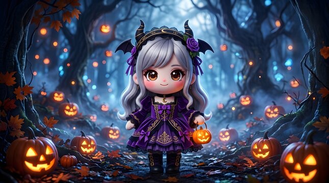 Cute cartoon halloween character in a spooky glowing night setting with a minimalist aesthetic