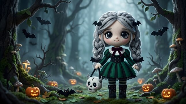 Cute cartoon halloween character in a spooky glowing night setting in a creative perspective