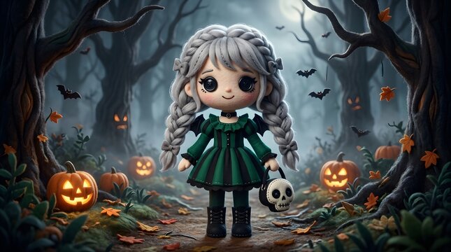 Cute cartoon halloween character in a spooky glowing night setting showing careful attention