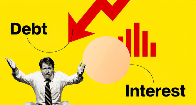 Financial debt and interest crisis concept, stressed businessman with falling red arrow and bar chart, economic recession and bankruptcy metaphor
