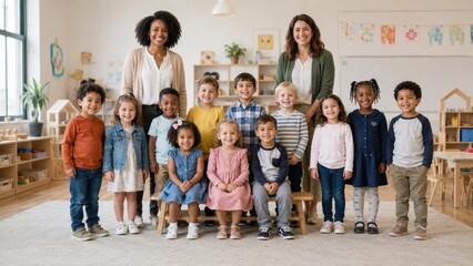 Obraz premium Diverse Preschool Class Smiling with Two Teachers in a Modern Classroom