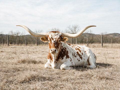 Texas longhorn cattle resting in dry winter pasture, brown and white spotted steer with large horns, rustic ranch livestock photography