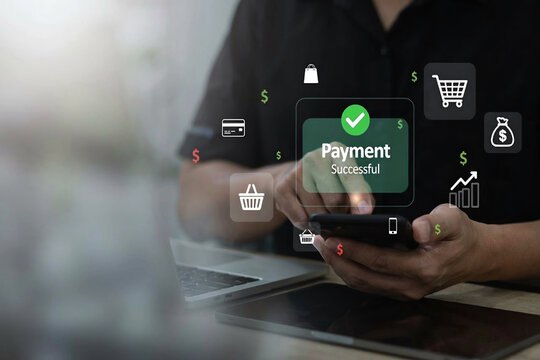User Holding Smartphone Displaying Payment Successful Hologram Icon for Online Shopping