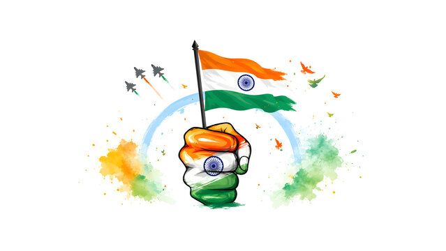 Happy Independence Day India Greeting Banner with Military Jets and Peace Birds.