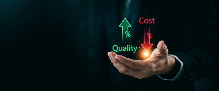 Open Hand Displaying Quality Up and Cost Down Percentage Arrow Hologram Concept
