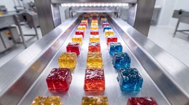 Colorful jelly candies on a factory conveyor belt. Automated food production line process.