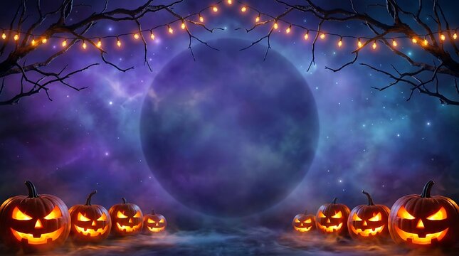 A spooky halloween background featuring glowing jack o lanterns under a giant full moon with fairy lights and dark tree silhouettes