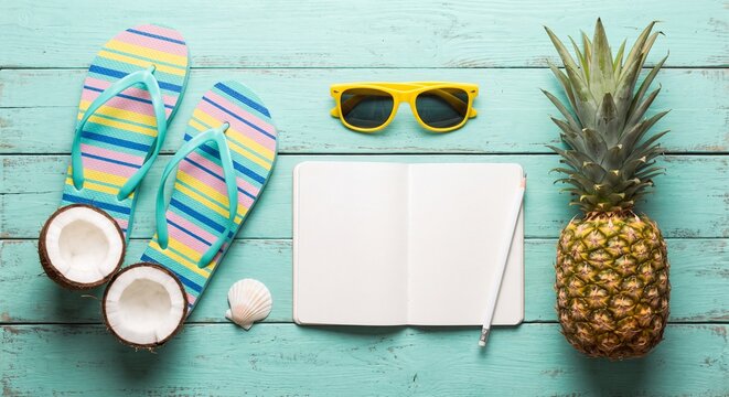 Summer vacation flat lay with pineapple and flip flops. Tropical holiday travel planning concept.
