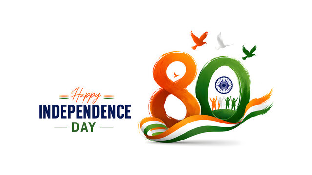 ​80th Independence Day of India Greeting Card with Saffron and Green Watercolor Typography.