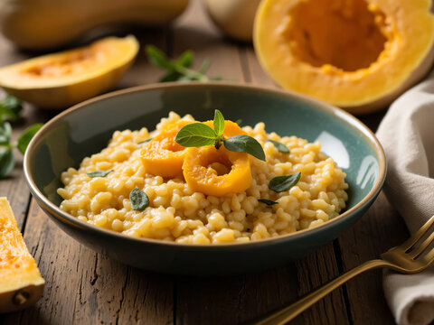 Creamy homemade butternut squash risotto with sage on wooden table