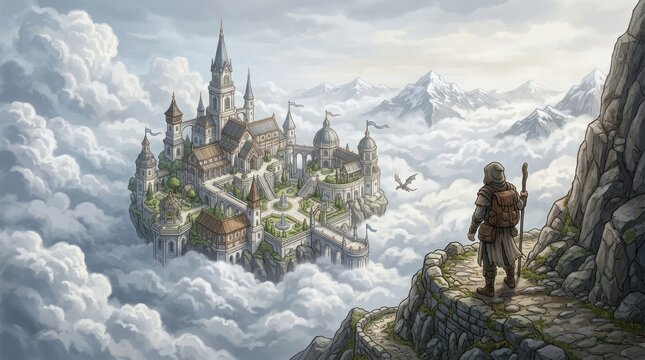 Fantasy castle floating among clouds
