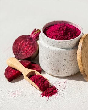 Red beetroot superfood powder in a ceramic jar with fresh beets