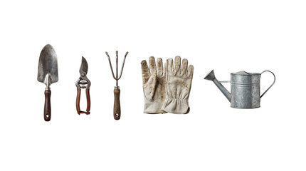 Vintage Gardening Tool Set Cutout Isolated Element with Hand Trowel, Secateurs, Cultivator, Leather Gloves, and Watering Can © creativestock