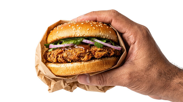 Crispy chicken burger held in hand, gourmet fried poultry sandwich with sesame bun and red onion, delicious fast food meal in paper wrap isolated PNG with Transparent Background