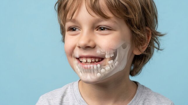Schoolboy shows a detailed illustration of the human jawbone and dental structure mapped onto his face to demonstrate oral hygiene and pediatric development in a professional medical studio setting.