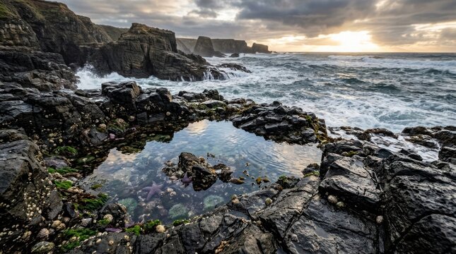 Rocky coastline with tide pool at sunset