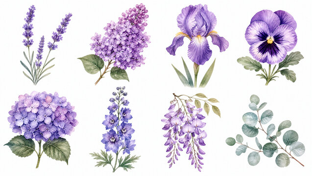 Watercolor purple floral elements set. Clipart with lavender, lilac, iris, pansy and wisteria isolated on white. Individual violet flower illustrations for DIY design