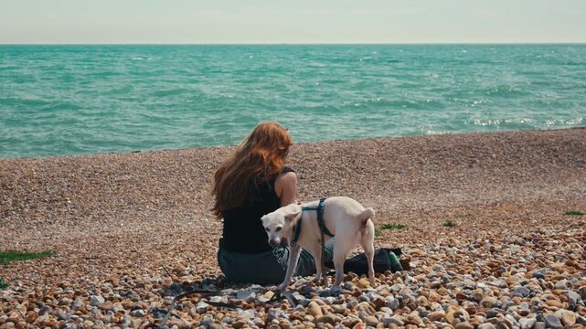 Red Haired Woman with White Dog on Dover Beach Looking at the Sea